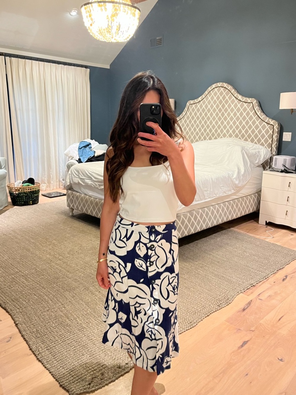 Anthropologie Maeve Floral button down Midi Skirt in Navy and White